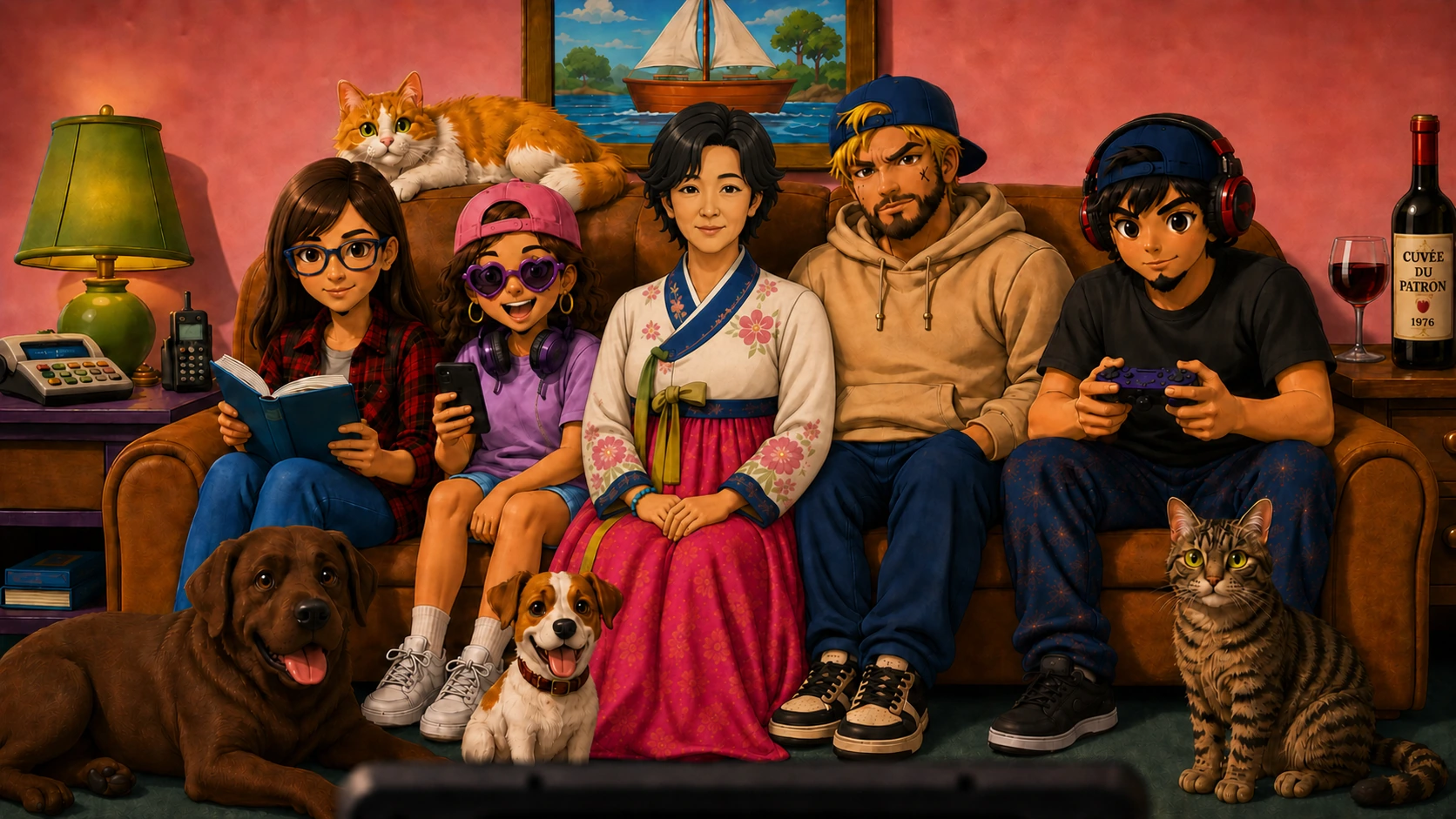 La famille BigPap's réunie dans le salon : cinq personnages sur le canapé, deux chiens et deux chats.