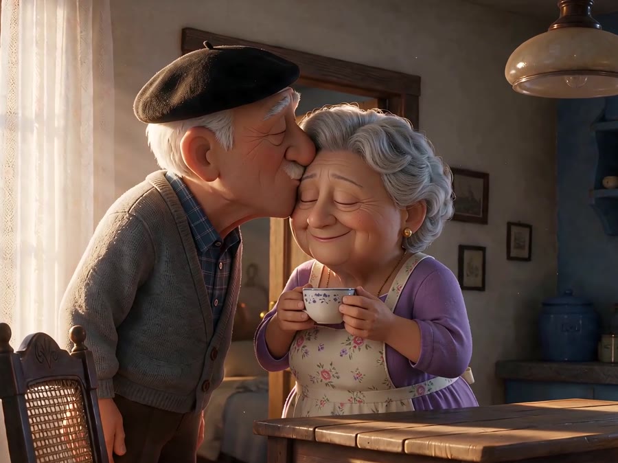 Le même couple en personnages animés, il l'embrasse sur le front