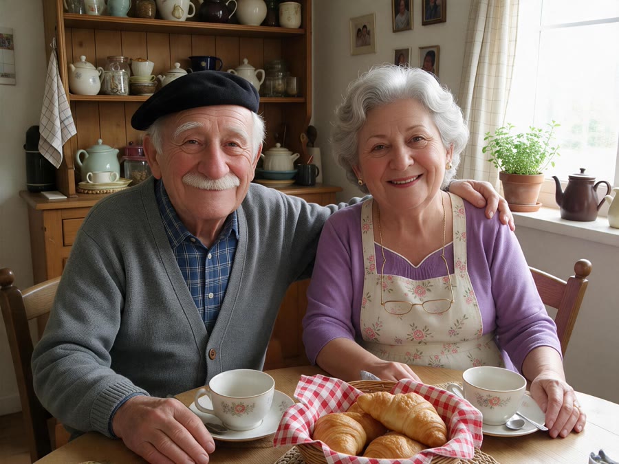 Photo d'un couple de grands-parents à la table du petit déjeuner